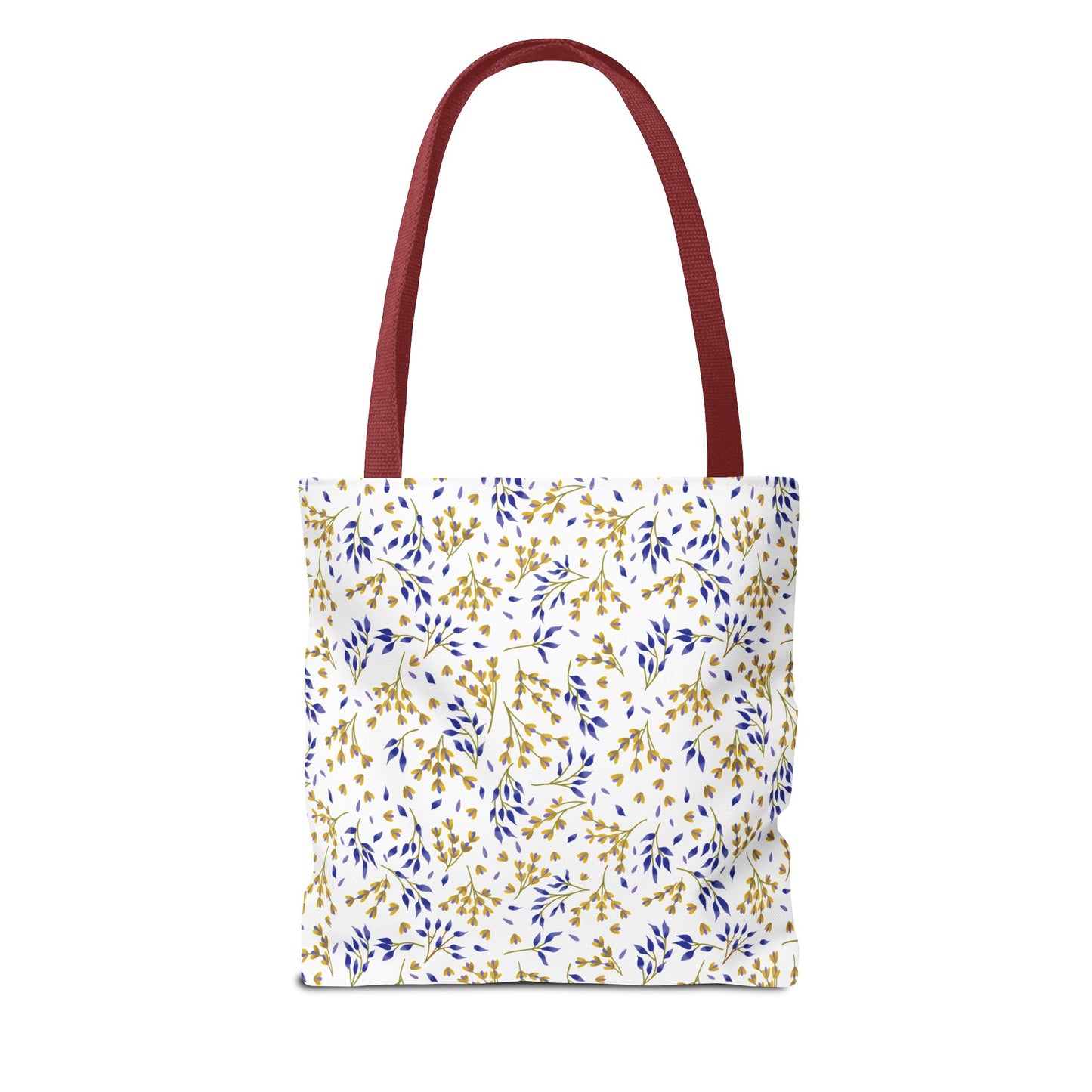 Wild Herb Garden Tote Bag features a white canvas body with a blue and gold botanical pattern and reddish-maroon straps, perfect for summer outings and embodying FireBrook Designs' uplifting style.