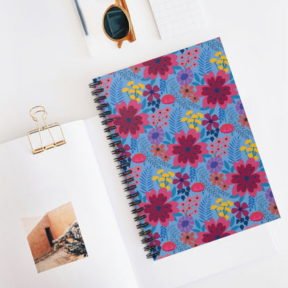 Floral Spiral Notebook featuring vibrant floral patterns, elegantly designed with a sleek metal spiral. Ideal for creativity and organization, this notebook embodies FireBrook Designs' joyful and uplifting essence.