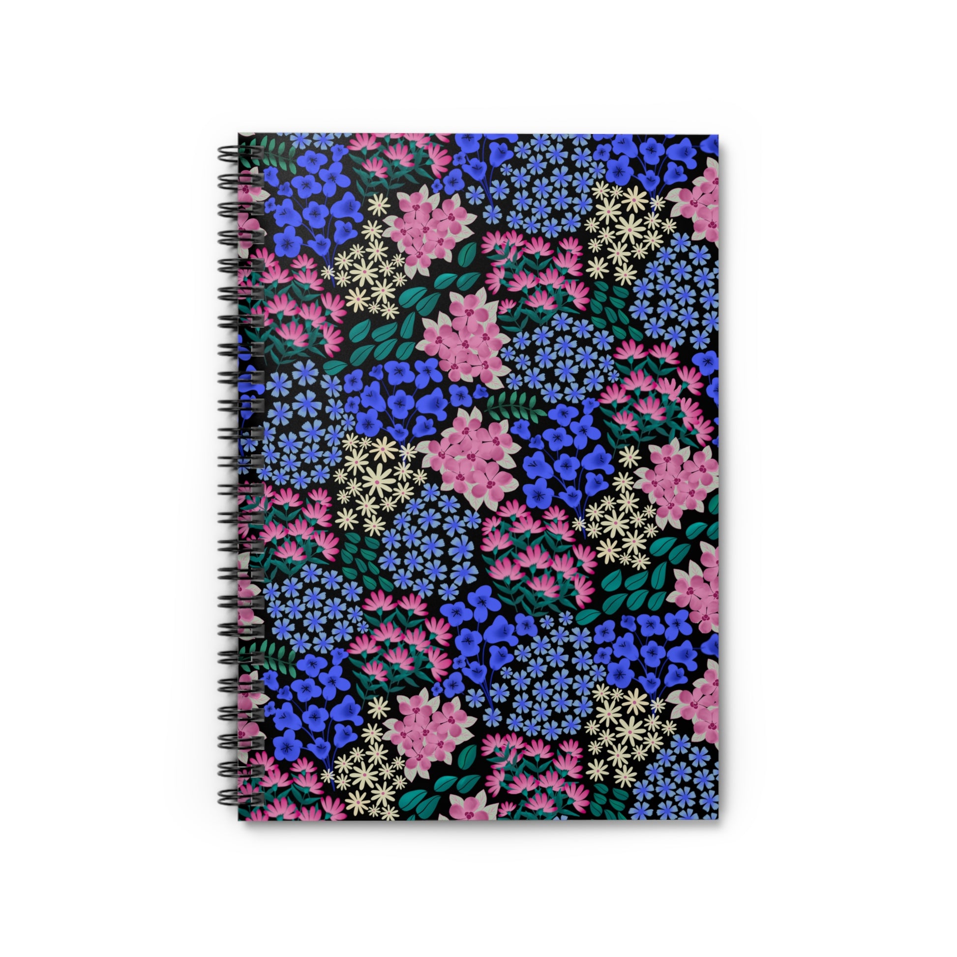 Floral Spiral Notebook with a vibrant all-over floral pattern in blue, pink, and cream on a black background, featuring a sleek metal spiral binding for easy page turning, ideal for creative tasks.