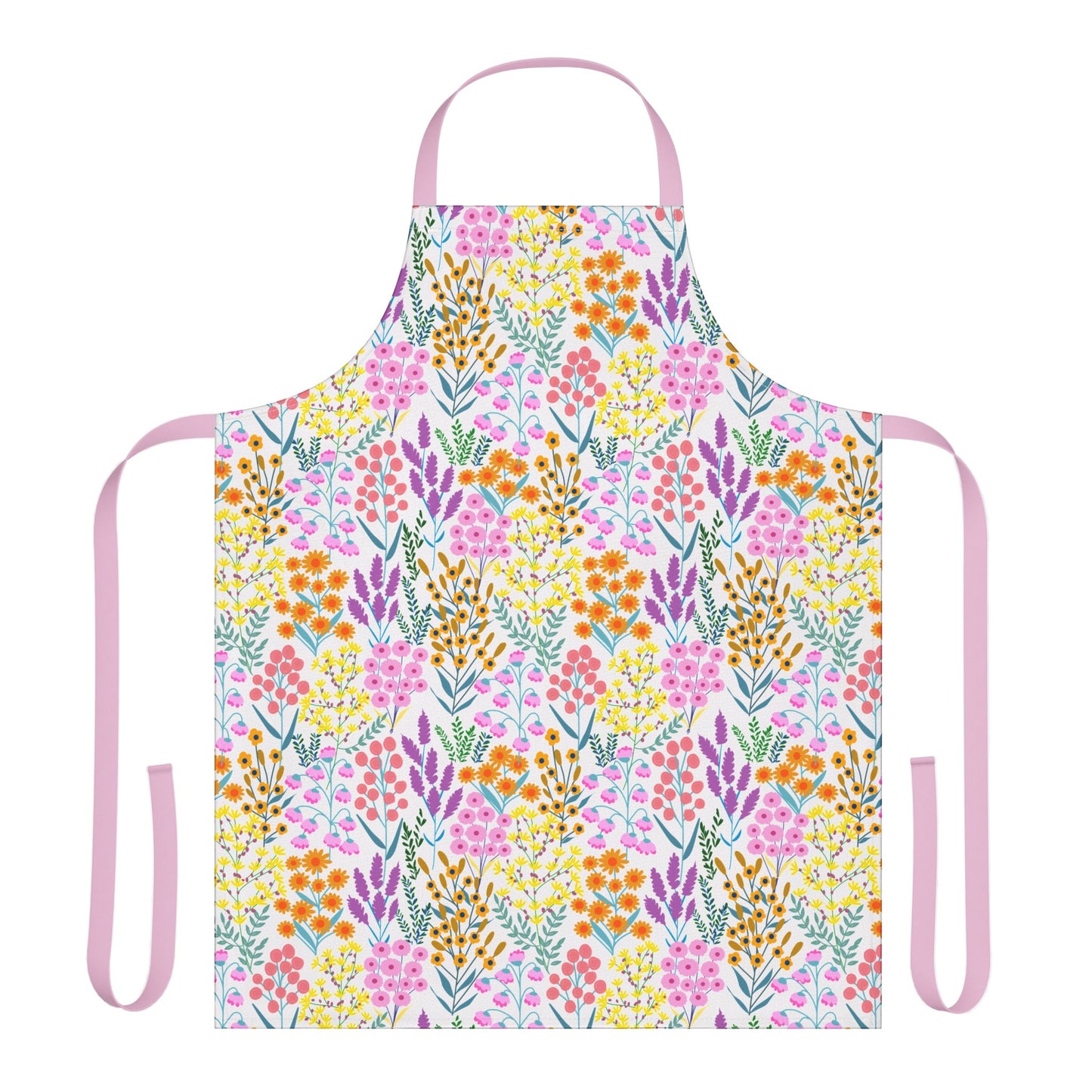 Floral Apron featuring a vibrant wildflower print on a white background with pale pink ties, crafted from 100% polyester canvas for comfort and stain-free wear, ideal for joyful cooking and crafting.