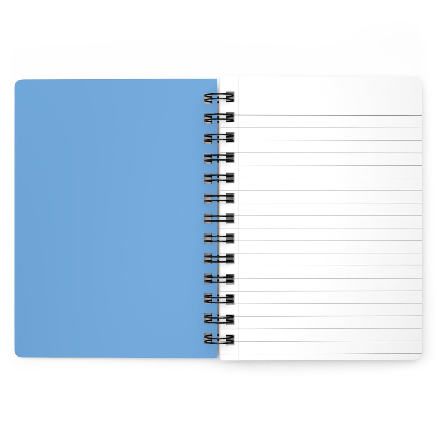 SPIRAL JOURNAL, DURABLE GLOSSY COVER, RULED, 5X7 featuring a light-blue cover and lined pages held by a black metal spiral, designed for smooth writing and easy page removal.