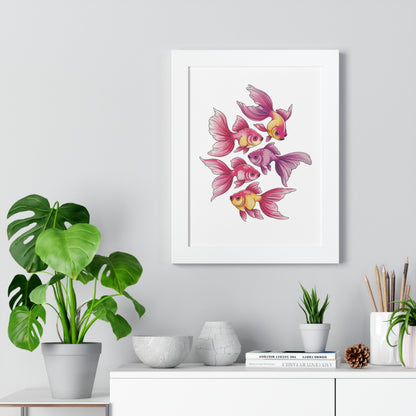 Goldfish Wall Art: A vibrant watercolor of goldfish with flowing fins, printed on museum-grade paper, ideal for adding whimsy and color to your space. Available framed, perfect for gifting.