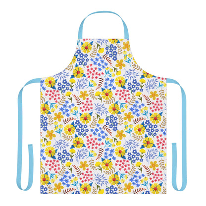 Apron Floral Design by FireBrook Essentials, featuring a vibrant ditsy floral pattern on a white background. Crafted from soft, stain-free polyester canvas with light blue neck and waist ties for a comfortable fit.