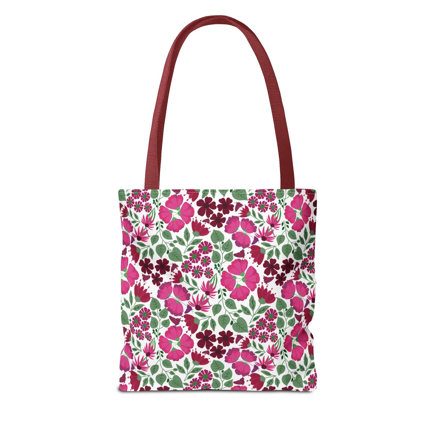 Pink Lady Tote Bag showcasing vibrant pink and magenta floral patterns on a white base, complemented by deep red handles. Ideal for adding a cheerful pop of color to everyday outfits.