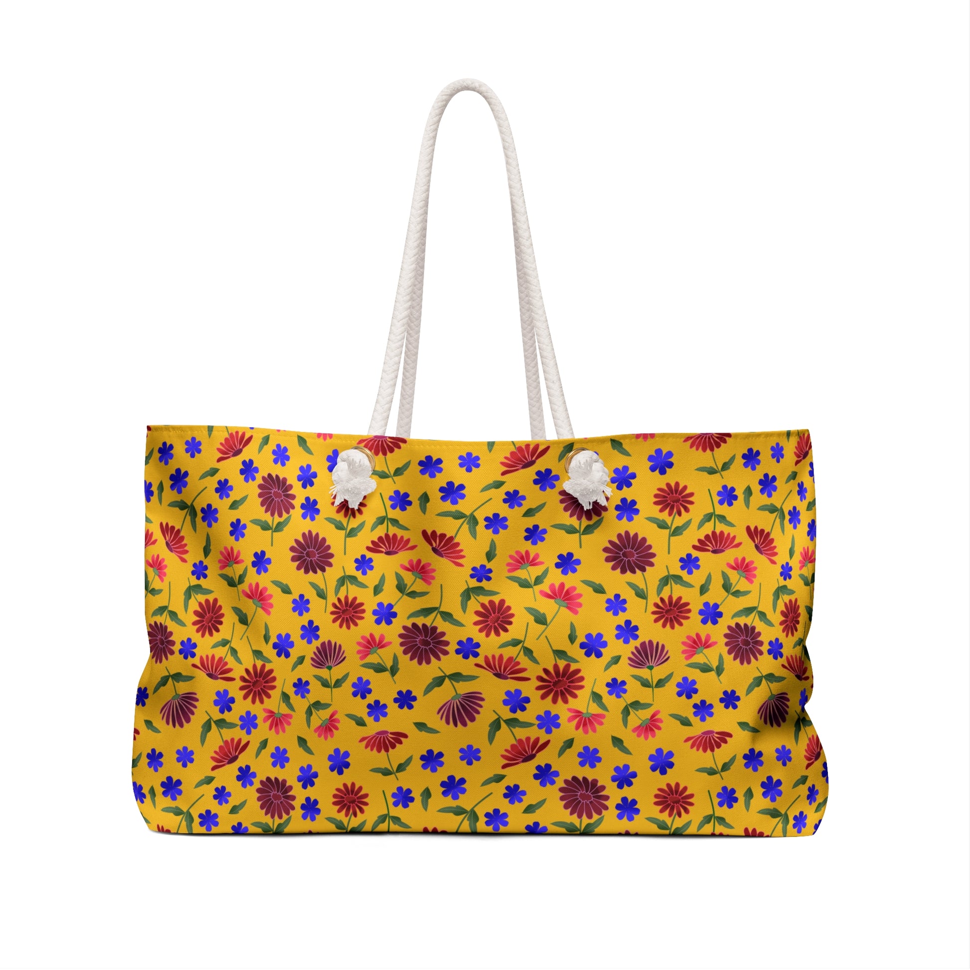 Yellow Floral Weekender Bag — Bright Boho Travel Tote with vibrant floral patterns on yellow canvas, features soft cream rope handles through grommets and a structured T-bottom, embodying FireBrook Designs' joyful style.