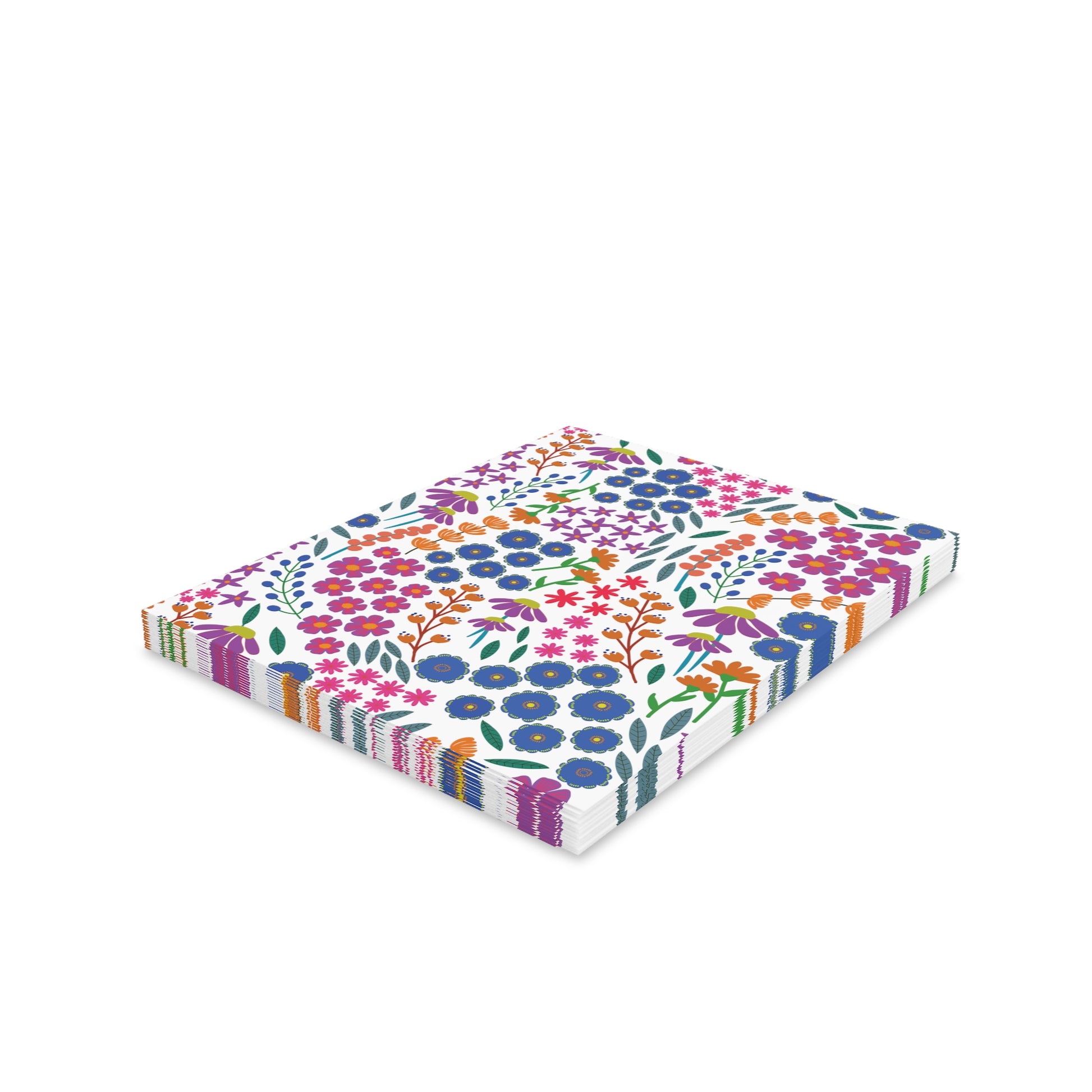 Floral Greeting Cards — Pack of 8/16/24, feature vibrant multicolored floral patterns on white, folded with a matte finish. Each card includes a matching white envelope, perfect for expressing thoughtful messages.