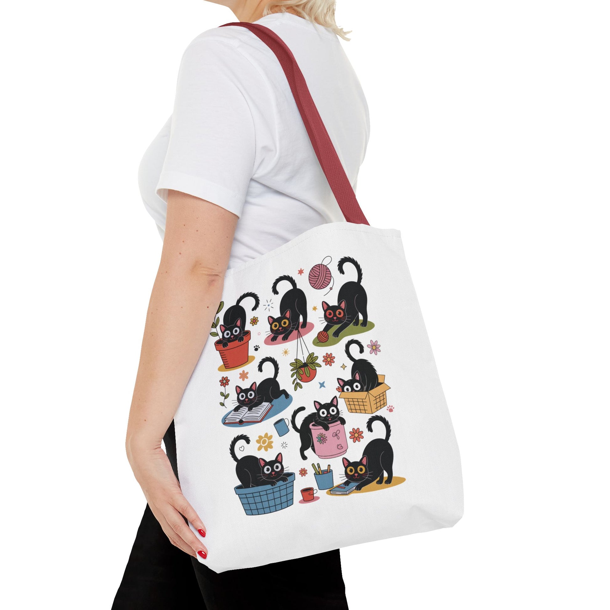 Cat Tote Bag - Curious Cat Design: A whimsical tote featuring a playful cat illustration, perfect for cat lovers. Ideal for errands or beach trips, reflecting FireBrook Essentials' joyful and stylish accessory range.