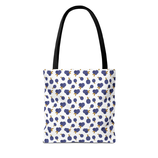 Blueberry Tote Bag showcasing a delightful blueberry pattern, crafted from durable polyester with reinforced handles and boxed corners, ideal for everyday use.