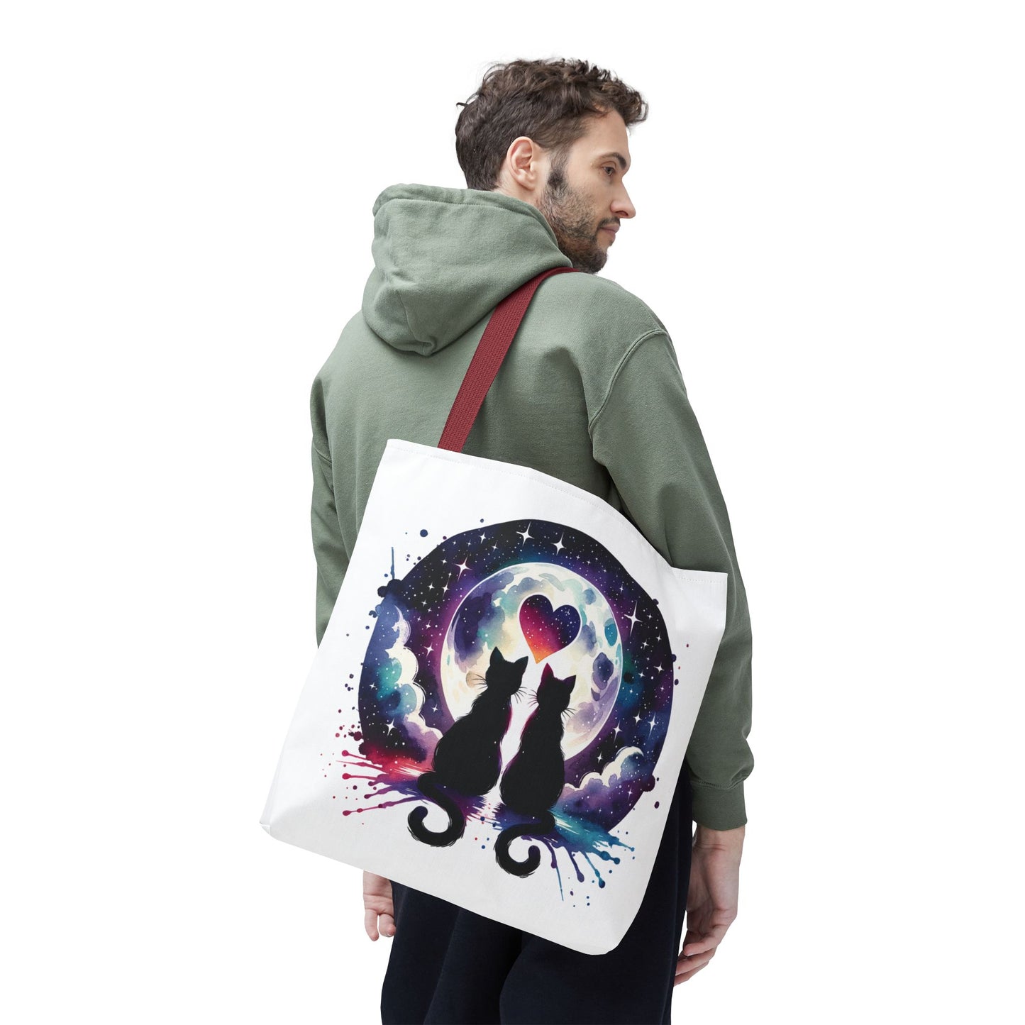 The Copy of Cat Lovers Under the Moon Tote Bag showcases a whimsical cat design, ideal for enthusiasts. Its sturdy polyester build and reinforced handles make it perfect for everyday use.