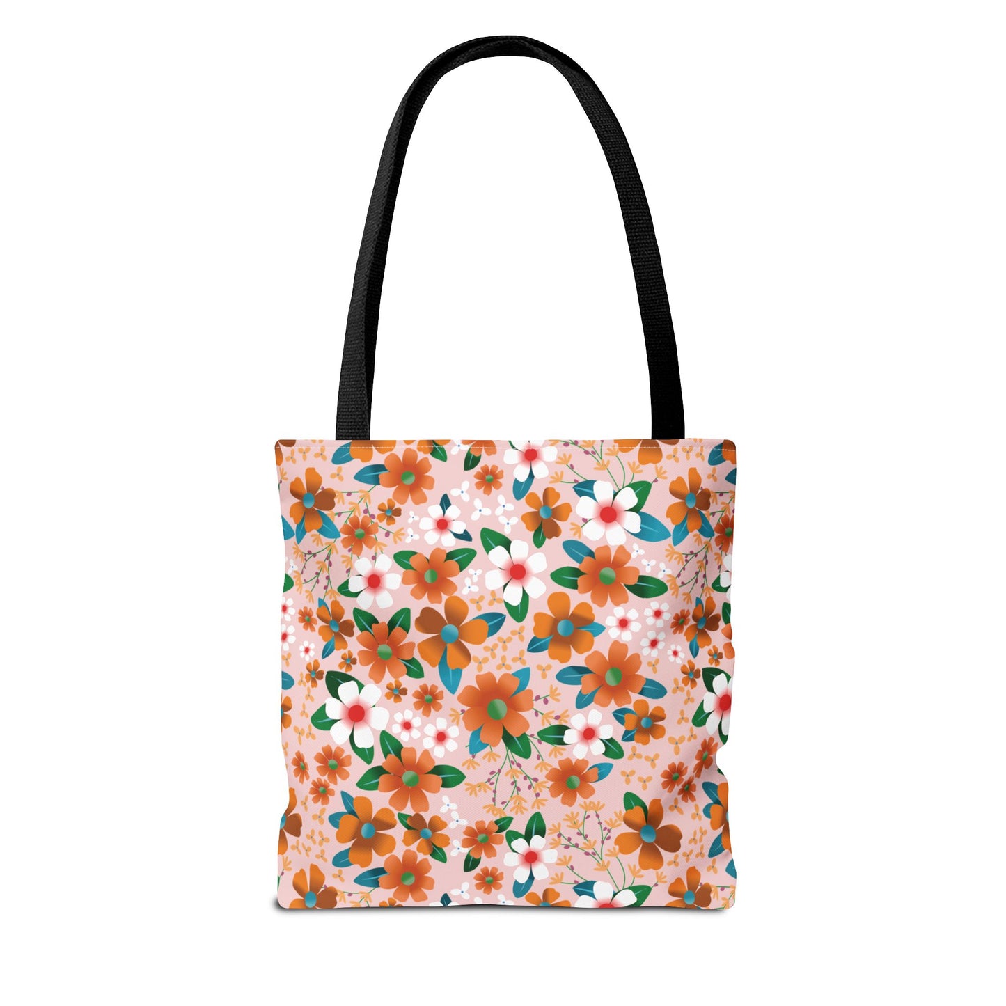 Peach Poppy Grove Tote Bag with vibrant orange and white floral pattern on a light pink backdrop, featuring black straps, ideal for joyful summer outings, embodying FireBrook Designs’ commitment to stylish and uplifting essentials.