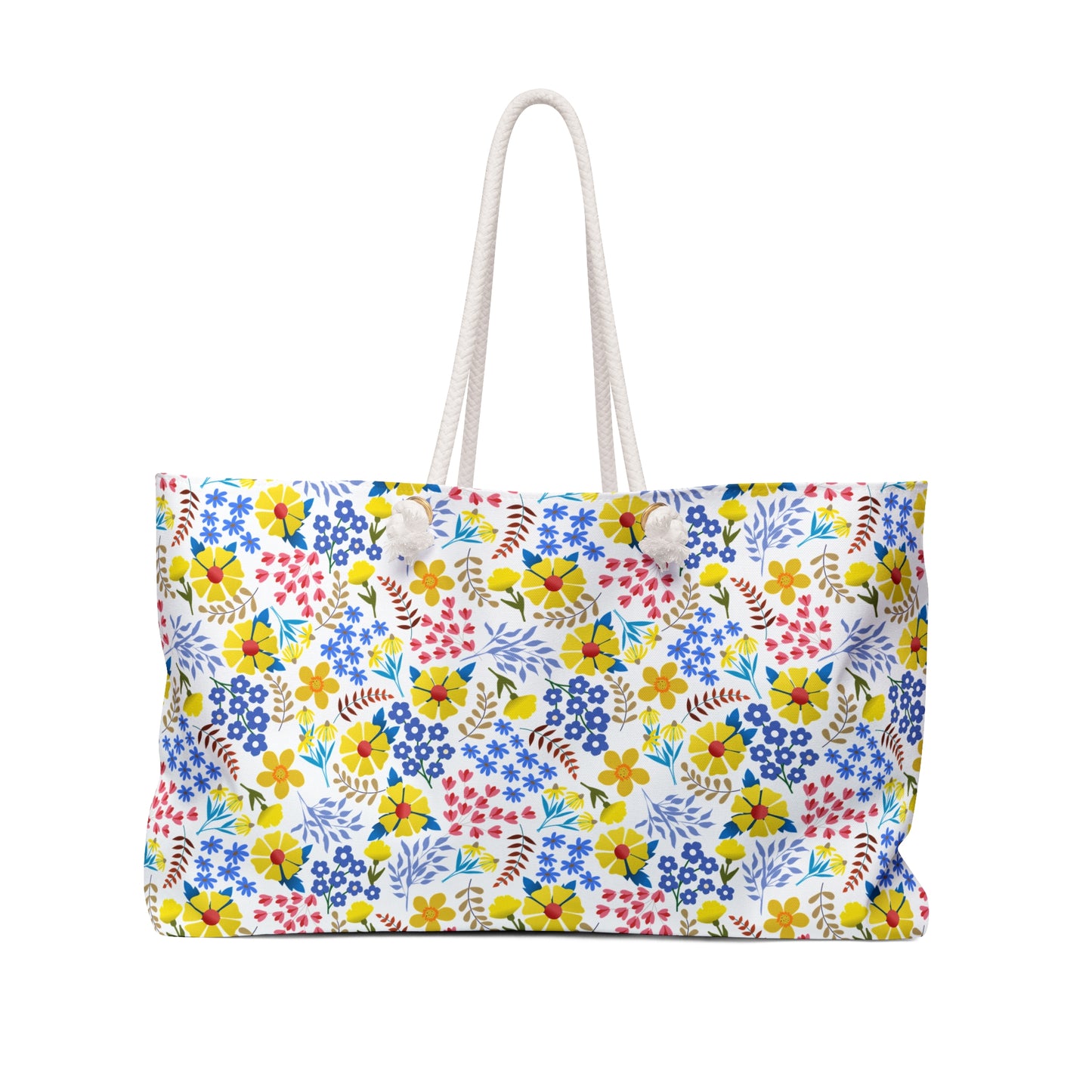 Weekender Bag with thick white rope handles, featuring a vibrant floral pattern on a white background, ideal for stylish weekend getaways. Designed for comfort and joy from FireBrook Essentials.