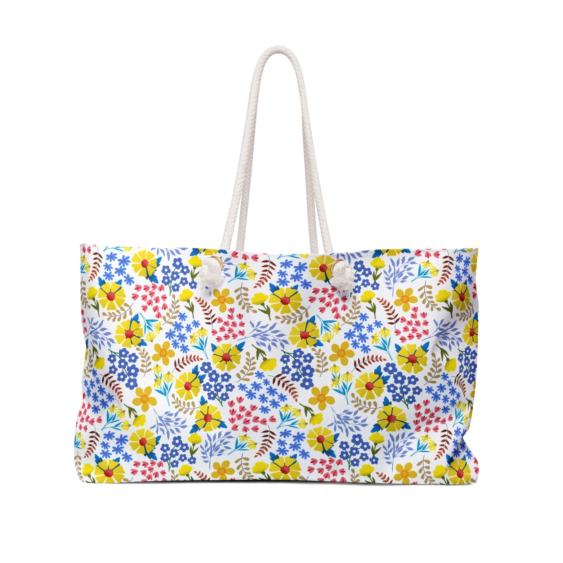 Weekender Bag with thick white rope handles, featuring a vibrant floral pattern on a white background, ideal for stylish weekend getaways. Designed for comfort and joy from FireBrook Essentials.
