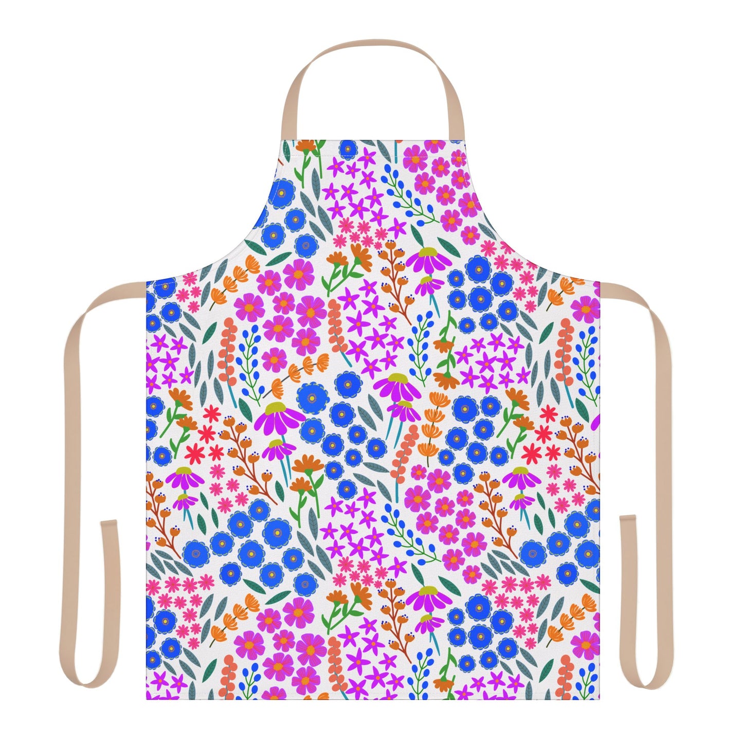 Floral Apron featuring a vibrant, stylized floral pattern with clusters of blue, pink, and orange flowers. It includes a looped neck strap and tan waist ties for a comfortable fit.
