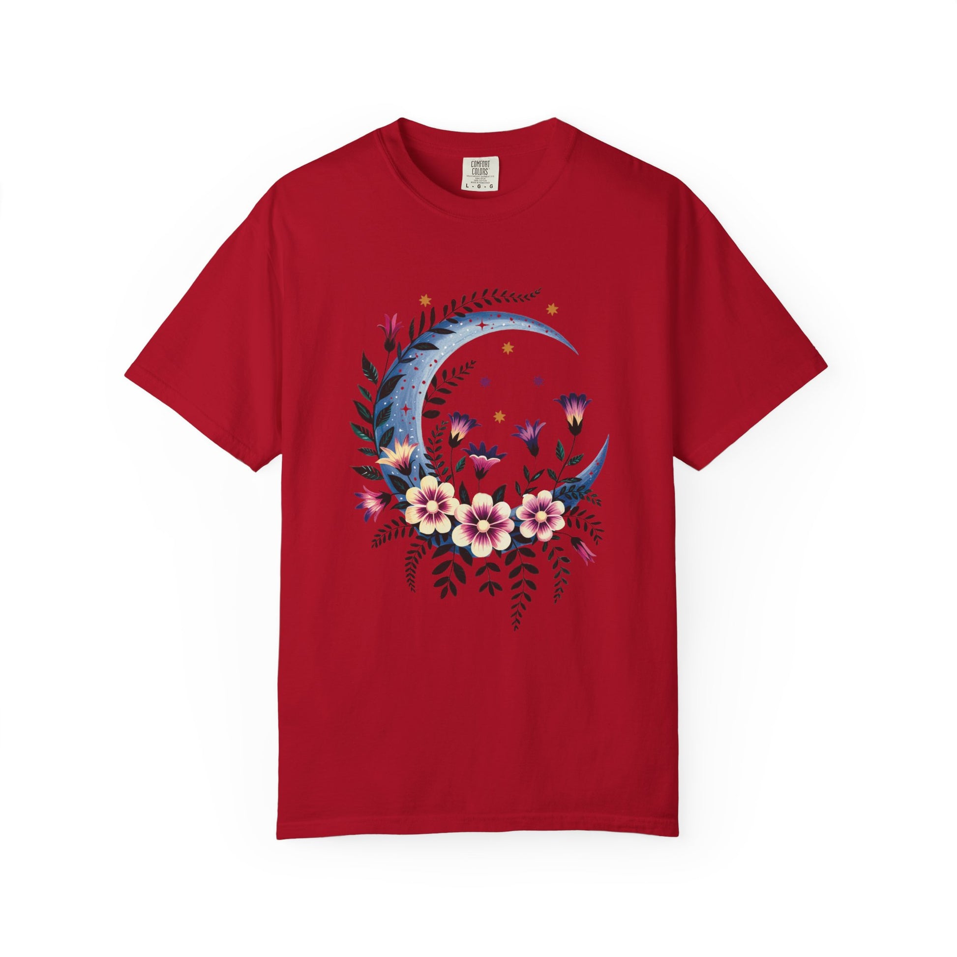 Crescent Moon Floral T-Shirt, featuring a bohemian design, relaxed fit, and crew neckline, embodies FireBrook Essentials' joyful, stylish aesthetic, ideal for casual gatherings or special occasions.
