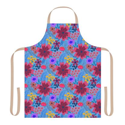 Floral Apron with bright, stylized blooms on a blue background; features tan neck and waist straps, showcasing FireBrook Designs' blend of comfort and vibrant style.