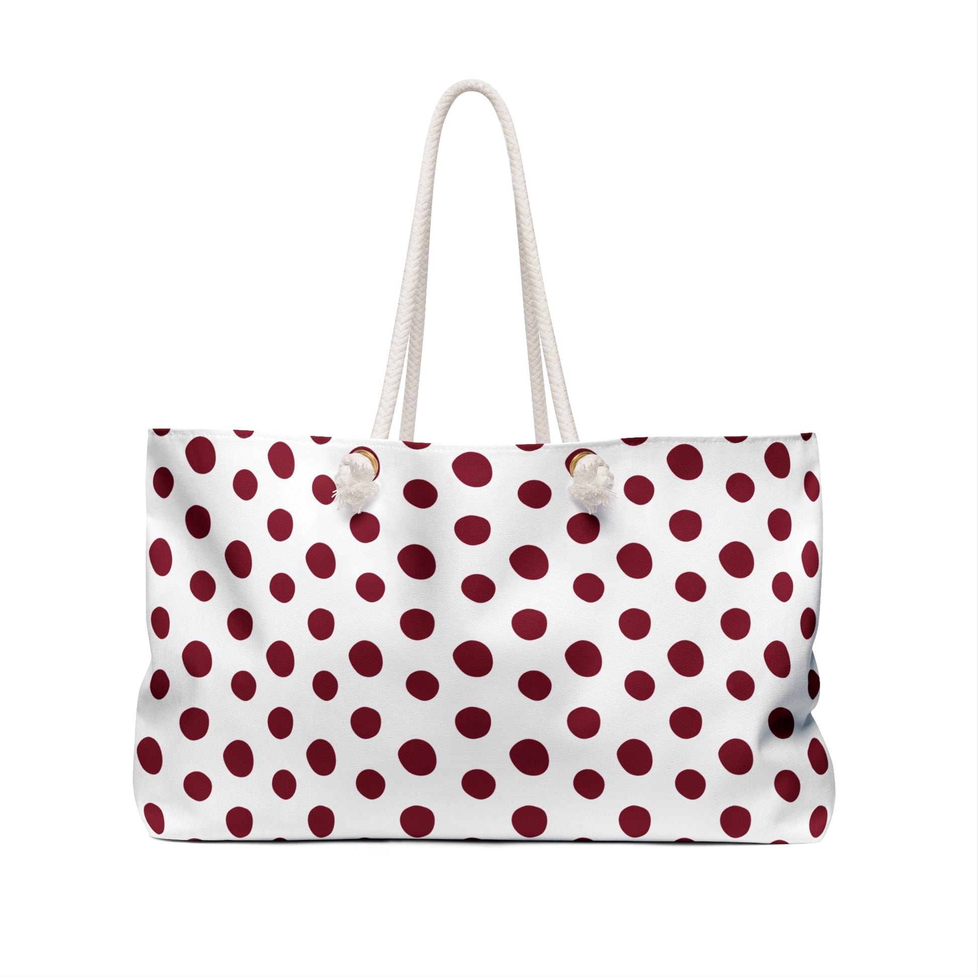 Burgundy Weekender Bag featuring a white and red polka dot pattern, cream rope handles with blue accents, perfect for stylish travel. Designed by FireBrook Essentials for joyful, easy living.