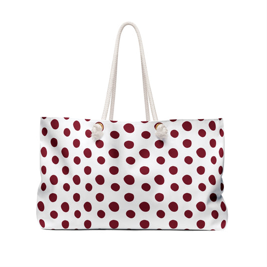 Burgundy Weekender Bag featuring a white and red polka dot pattern, cream rope handles with blue accents, perfect for stylish travel. Designed by FireBrook Essentials for joyful, easy living.