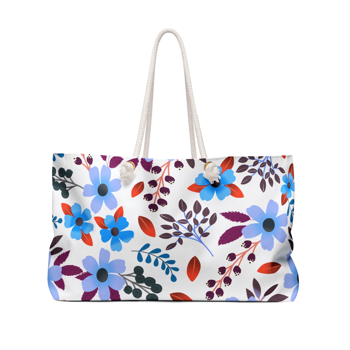 Weekender Bag with thick white rope handles, featuring a vibrant floral pattern of blue and lavender blossoms, on a white background. Ideal for stylish travel, capturing FireBrook Designs' essence of comfort and positivity.