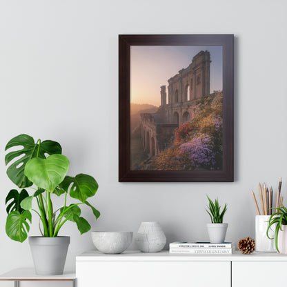 Vertical Poster - Ancient Palace Ruins with Wildflowers: A framed art piece showcasing vibrant wildflowers adorning ancient ruins, offering a mysterious, picturesque vibe. Ideal for home decor and gifting, enhancing joy and style.