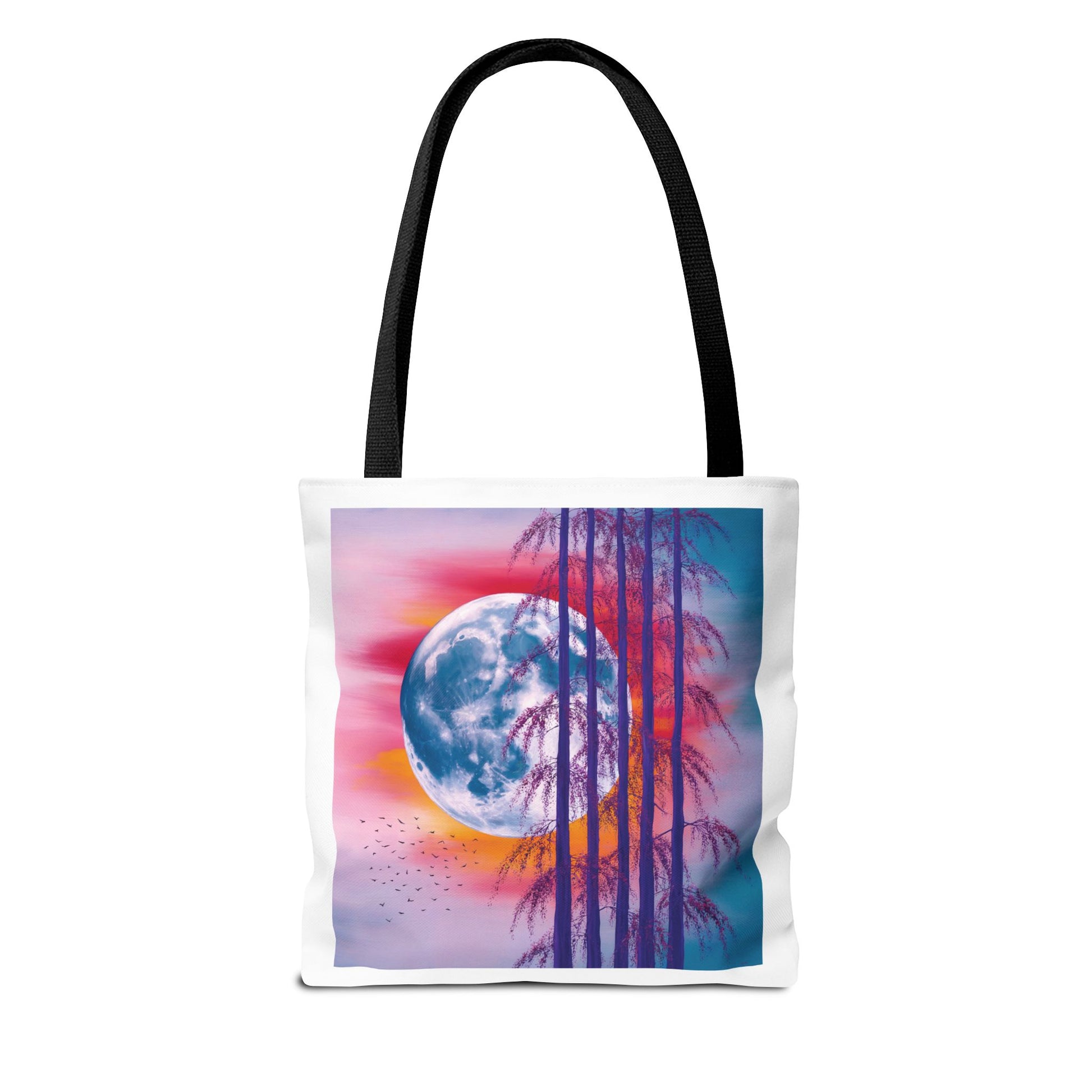 Moonlit Landscape Tote Bag showcases an abstract full moon scene with silhouetted trees against a sunset sky. Ideal for everyday use, this durable bag is perfect for nature and art enthusiasts.