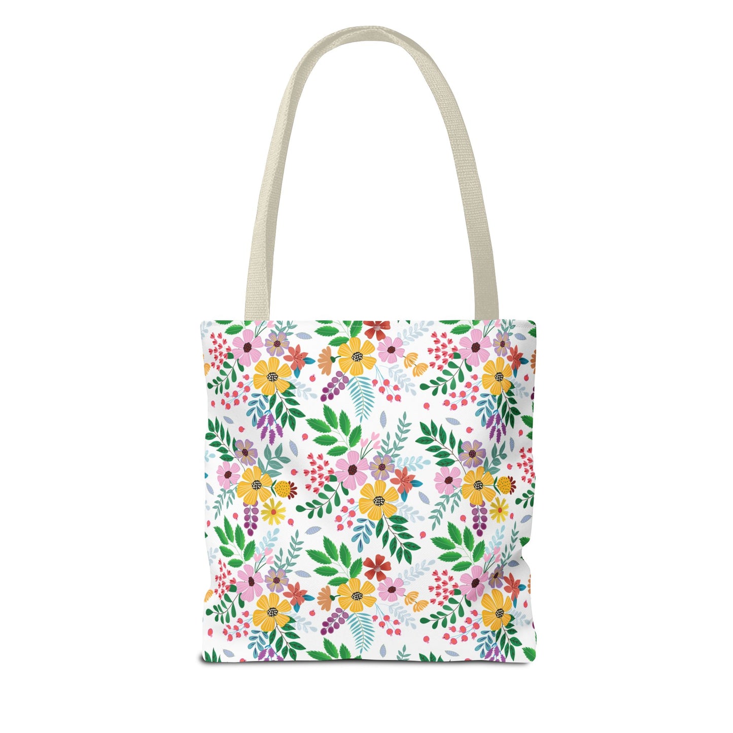 Spring Floral Patch Tote Bag featuring vibrant clusters of yellow, pink, purple, and red flowers with green leaves on a white background. Beige fabric handles enhance this cheerful, durable tote perfect for summer outings.
