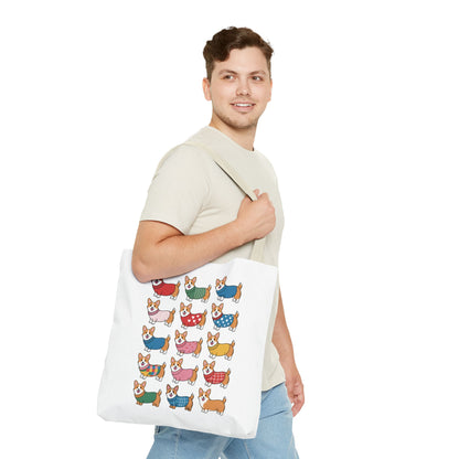 Cheerful Corgi Cartoon Style Dog Lover Tote Bag featuring cute Corgis in playful outfits, perfect for everyday use. Durable polyester with reinforced handles, available in three sizes. Ideal for dog enthusiasts.