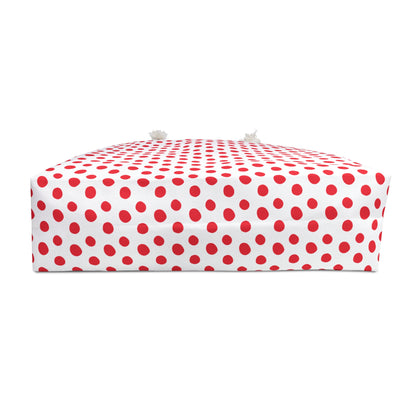 Weekender Bag - Red (small) Polka Dots: A stylish, retro-inspired travel accessory featuring small red polka dots, cream rope handles, and a spacious interior, perfect for joyful and convenient getaways.