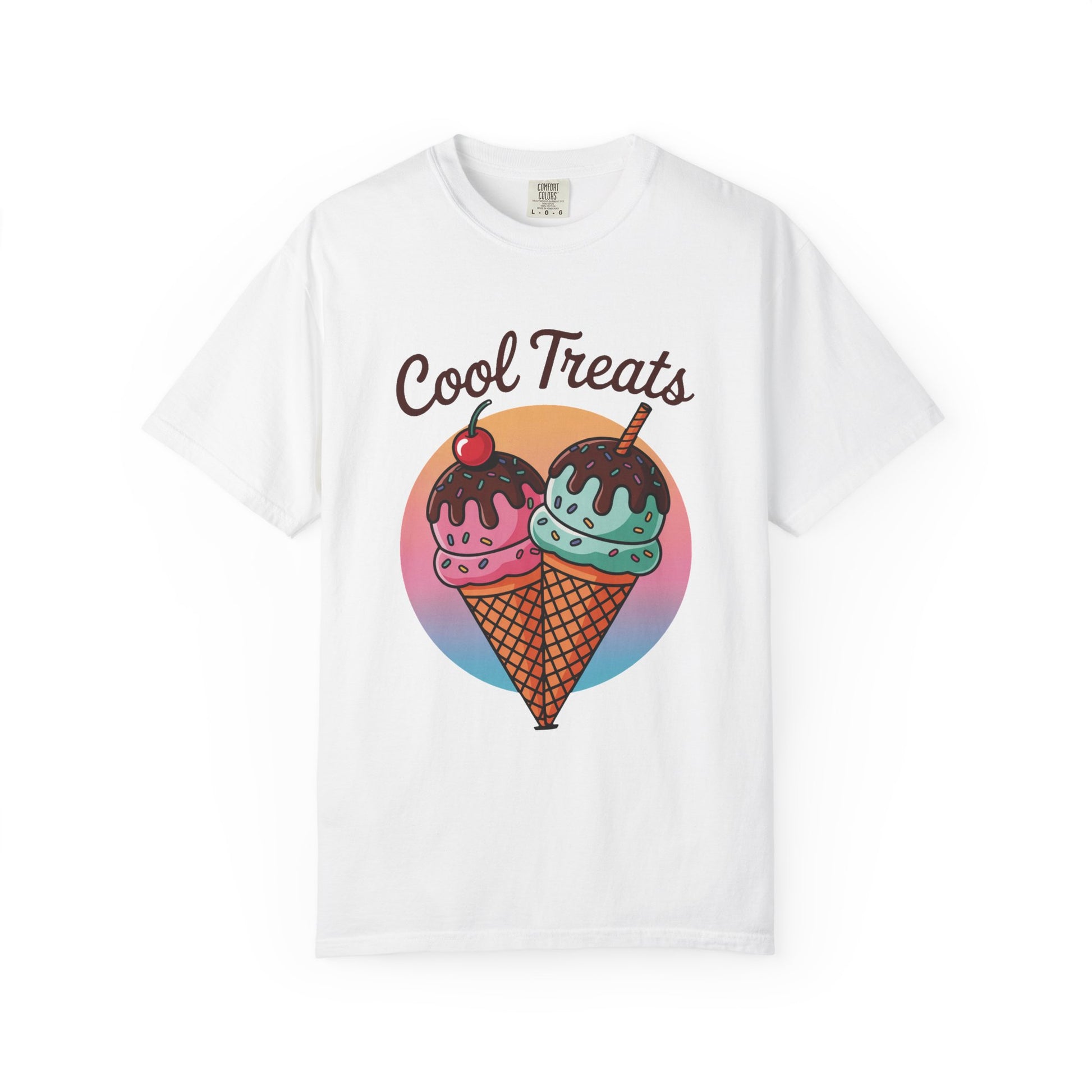 Ice Cream Cool Treats Comfort Colors Unisex T-Shirt featuring playful ice cream cone graphics, perfect for adding a summery vibe to your wardrobe, ideal for casual wear and summer gatherings.
