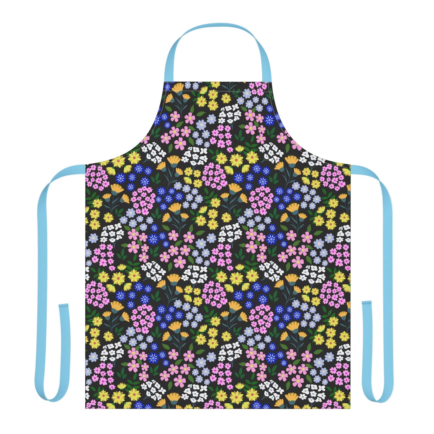 Apron Floral Design: A full-coverage apron with a ditsy-flower pattern, featuring light-blue ties. Made from soft, stain-free polyester canvas, ideal for enjoying joyful cooking or crafting moments.