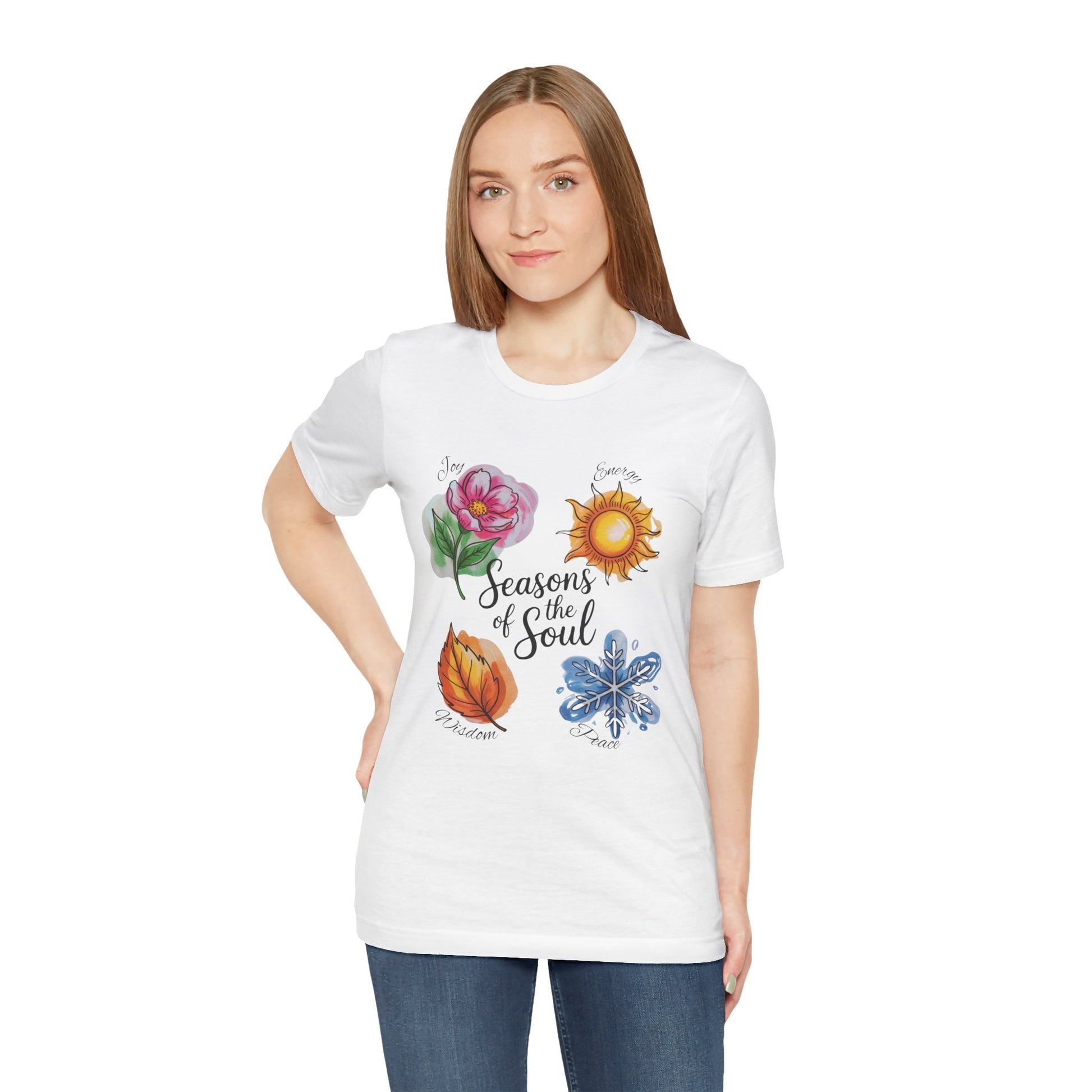 Seasons of the Soul: Joy, Energy, Wisdom & Peace T-Shirt, a unisex jersey short-sleeve tee with a calming design, ideal for yoga or meditation, crafted from lightweight Airlume cotton by Bella+Canvas.