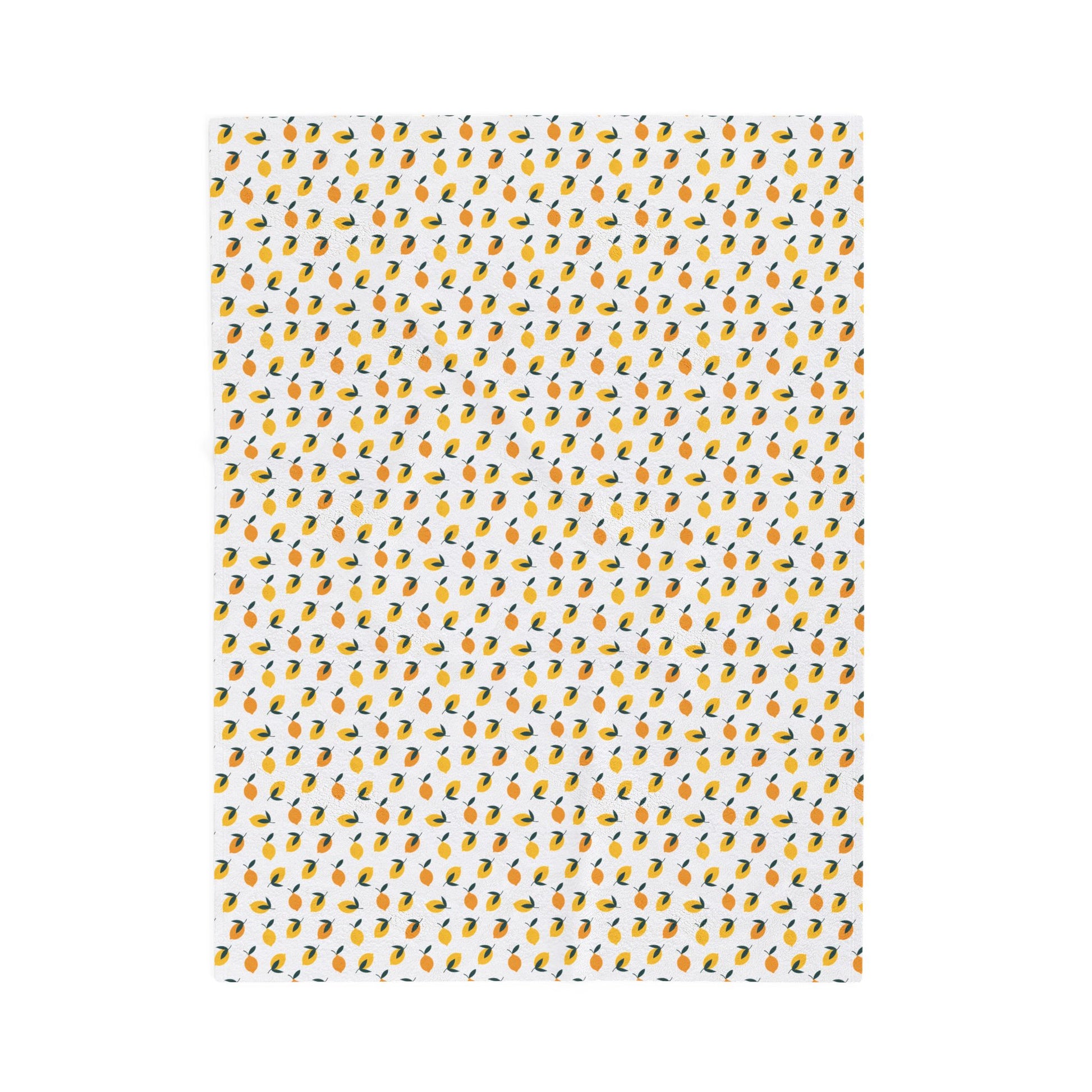 Velveteen Plush Blanket - Lemon Pattern, showcasing a cheerful lemon design ideal for cozy evenings, available in three sizes. Features durable double needle topstitching, crafted from quick-drying polyester.