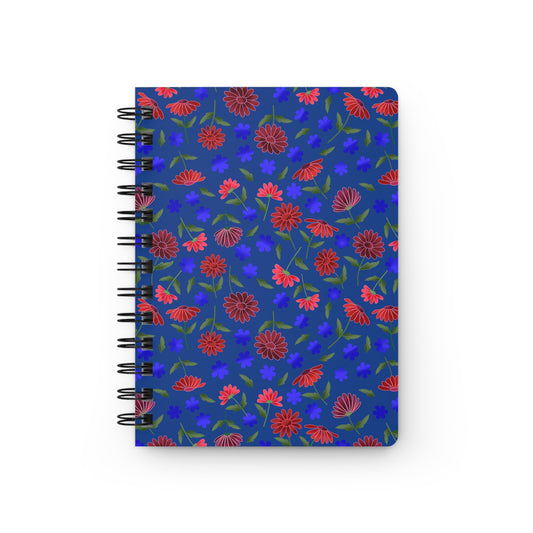 Spiral Notebook — Blue Floral Patterned Journal for Notes & Sketches: A joyful, durable journal with a blue cover, red-pink daisies, and green leaves; sturdy metal spiral binding, 150 lined pages.