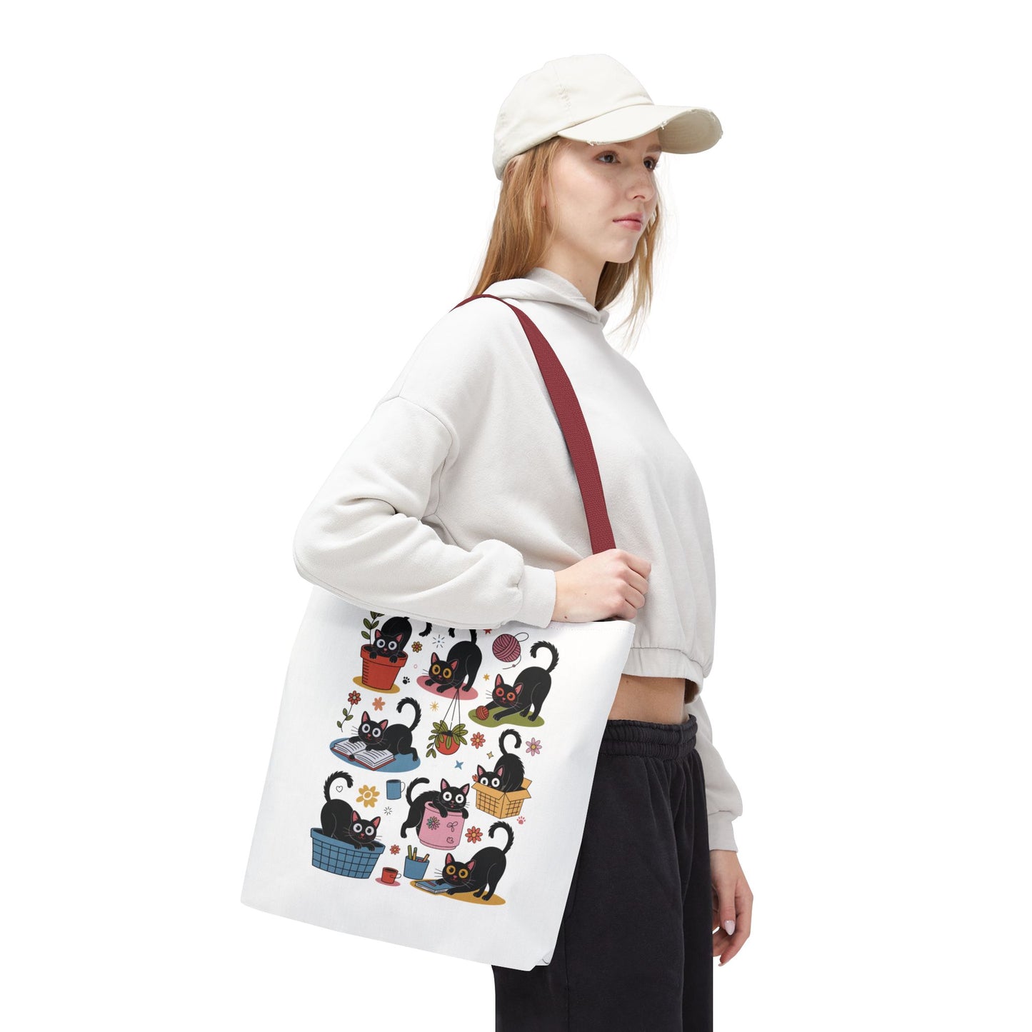 Cat Tote Bag - Curious Cat Design: A whimsical tote featuring a playful cat illustration, perfect for cat lovers. Ideal for daily errands, this sturdy bag enhances your style with a touch of fun.