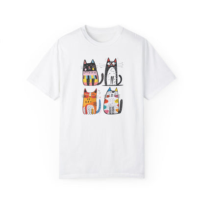 Colorful Cat Lover Unisex Comfort Colors T-Shirt featuring playful cat illustrations on a white background, perfect for showcasing your passion for felines with style and comfort.
