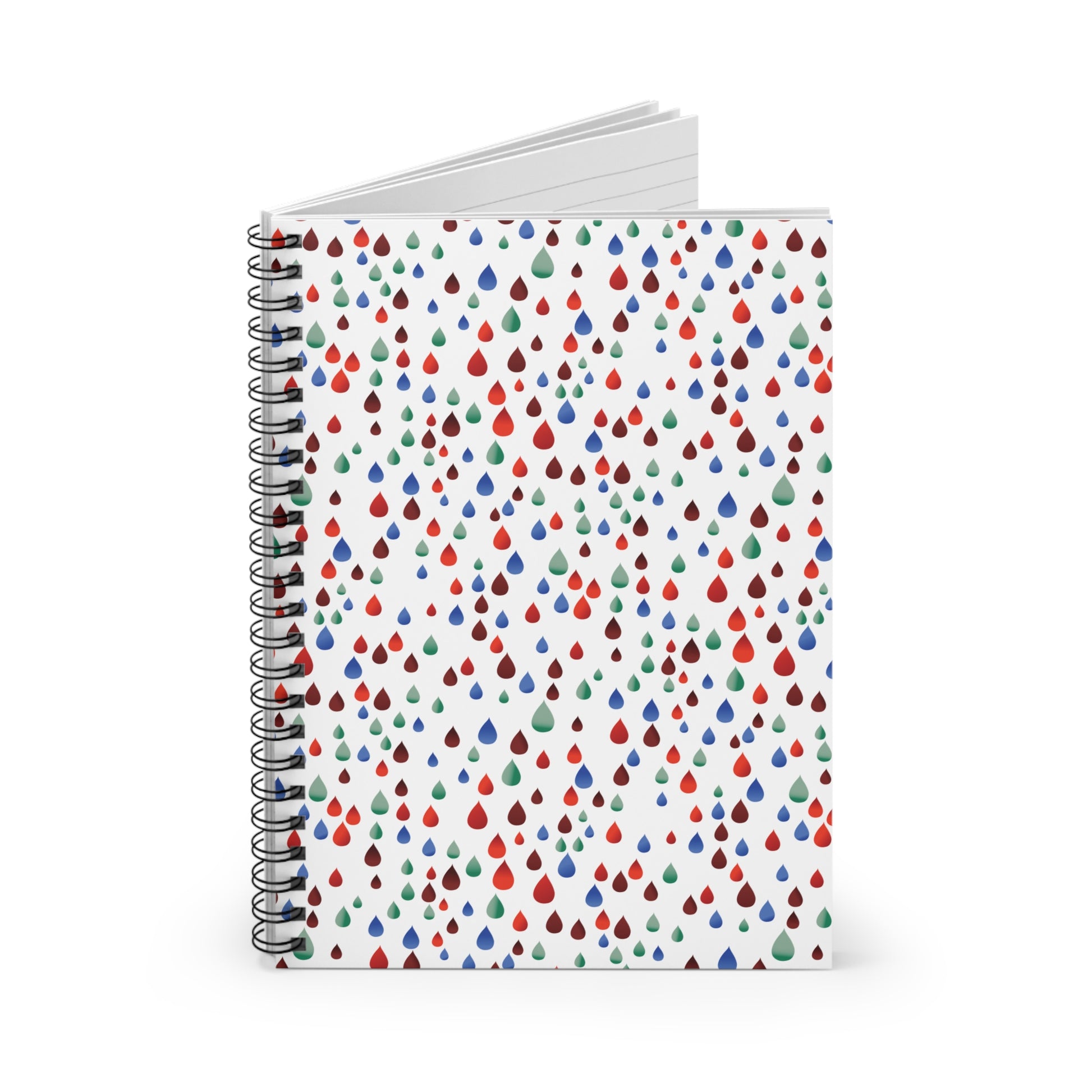 Raindrops Spiral Notebook features a white cover with colorful teardrop motifs. Its sleek spiral binding and blank pages make it ideal for creative expression, embodying FireBrook Designs' uplifting essence.