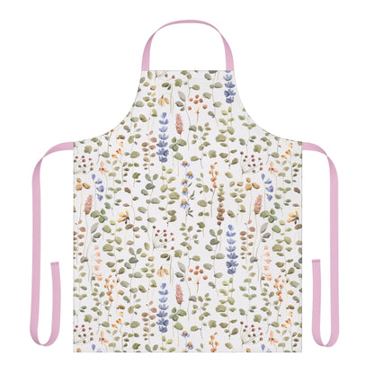 Apron, Wildflower Design, 5-Color Straps: A close-up of a stylish apron with vibrant wildflower patterns, showcasing its fine weave texture and durable, stain-resistant fabric for cooking or artistic activities.