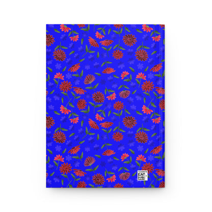 Floral Night Sky Hardcover Journal — Blue & Red Botanical Notebook features a vibrant floral pattern on a cobalt blue cover, ideal for inspiring notes and ideas. Includes a discreet QR code on the corner.