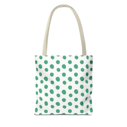 Green Polka Dots Tote Bag with green polka dots and a sturdy handle, perfect for adding a cheerful touch to any outfit. This stylish accessory complements FireBrook Designs' uplifting and practical collection.