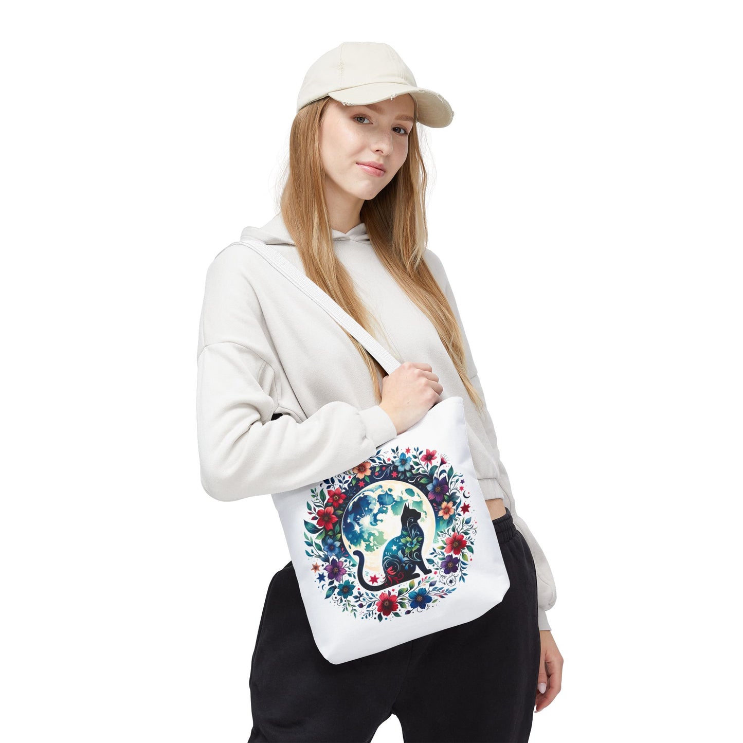 Lone Cat Under the Moon Tote Bag features a whimsical cat design, perfect for feline enthusiasts. Crafted from durable polyester with reinforced handles, it's ideal for errands or beach trips, embodying FireBrook Essentials' uplifting style.