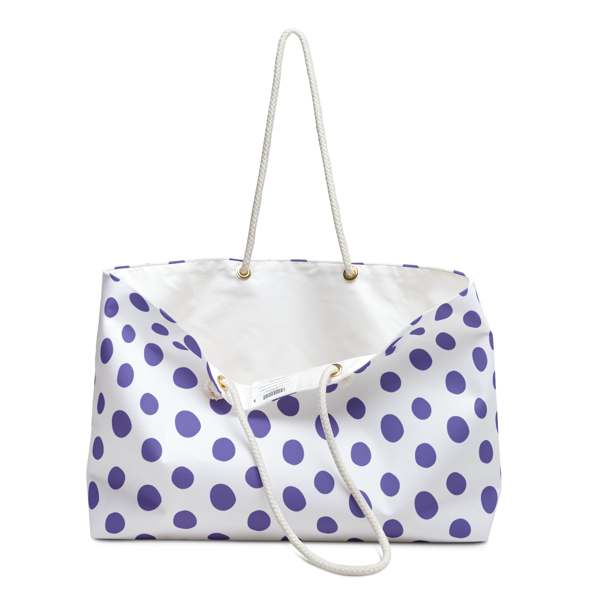 Weekender Bag - Light Purple Polka (large) Dots Travel Tote with rope handles, ideal for stylish and joyful weekend getaways. Features a spacious, T-bottom design, perfect for travelers seeking comfort and flair.