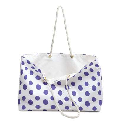 Weekender Bag - Light Purple Polka (large) Dots Travel Tote with rope handles, ideal for stylish and joyful weekend getaways. Features a spacious, T-bottom design, perfect for travelers seeking comfort and flair.
