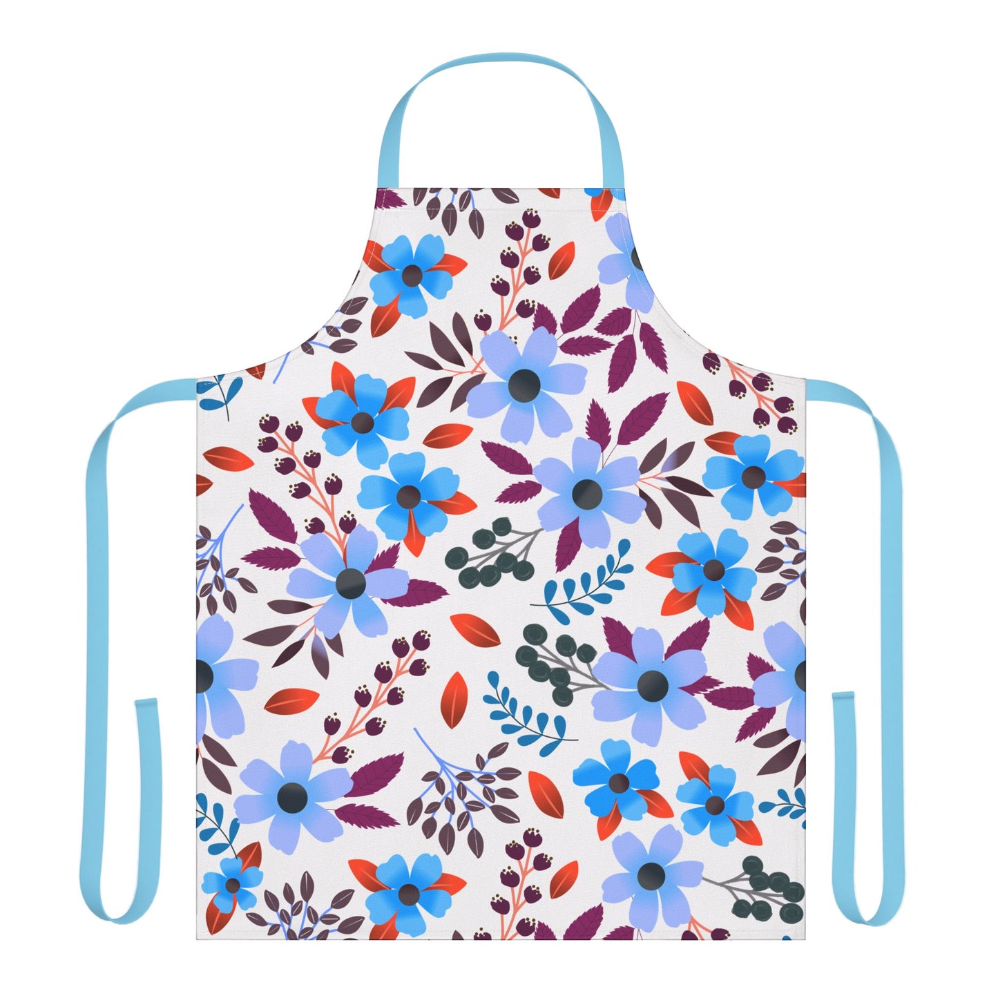 Floral Apron from FireBrook Designs, featuring a vibrant floral pattern with blue neck and waist ties. Made of 100% polyester canvas, it's designed for comfort and stain resistance, perfect for kitchen or craft use.