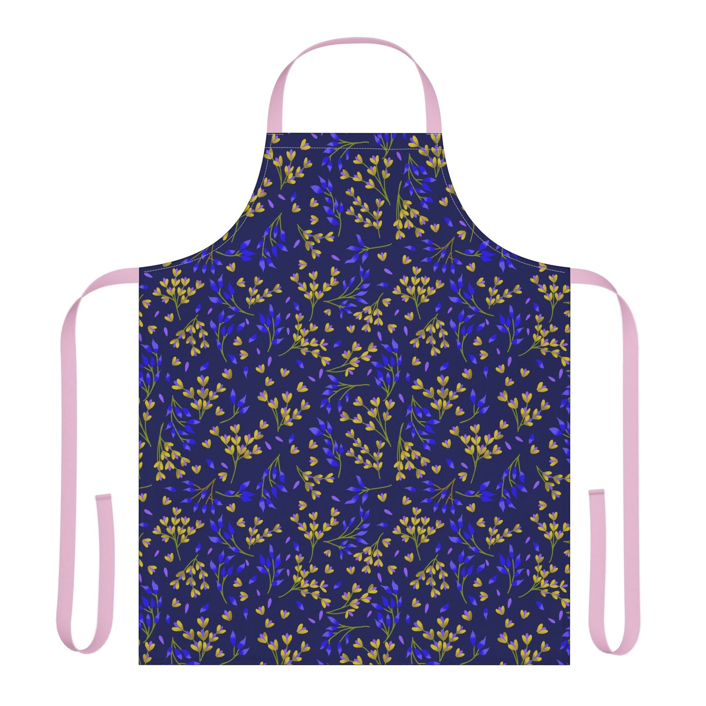 Floral Apron in navy with yellow and cobalt botanical pattern, featuring pale rose-pink straps. Made from polyester canvas for comfort, ideal for crafting or cooking. Inspired by FireBrook Designs' joyful, stylish ethos.