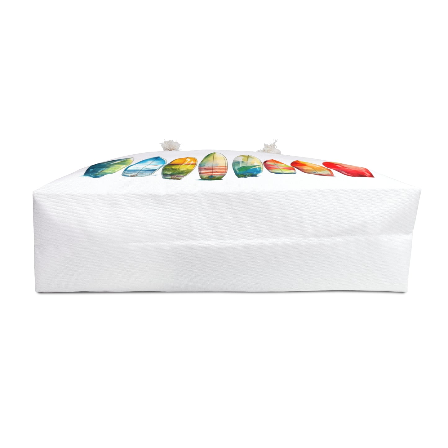 Weekender Bag featuring a surfboard design, ideal for beach lovers. Made from spun polyester with rope handles, it offers a spacious interior for essentials, perfect for spontaneous seaside getaways.