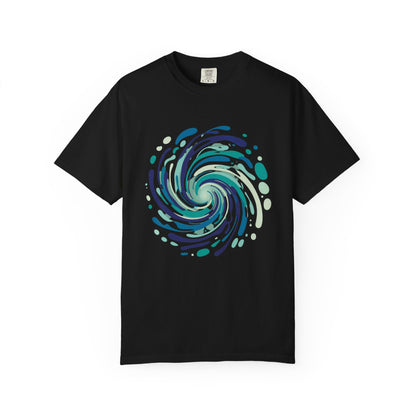 Ocean Waves Abstract T-Shirt showcases a swirling vortex design with fluid lines, evoking ocean energy. Crafted for comfort and style, ideal for beach outings and casual summer wear.