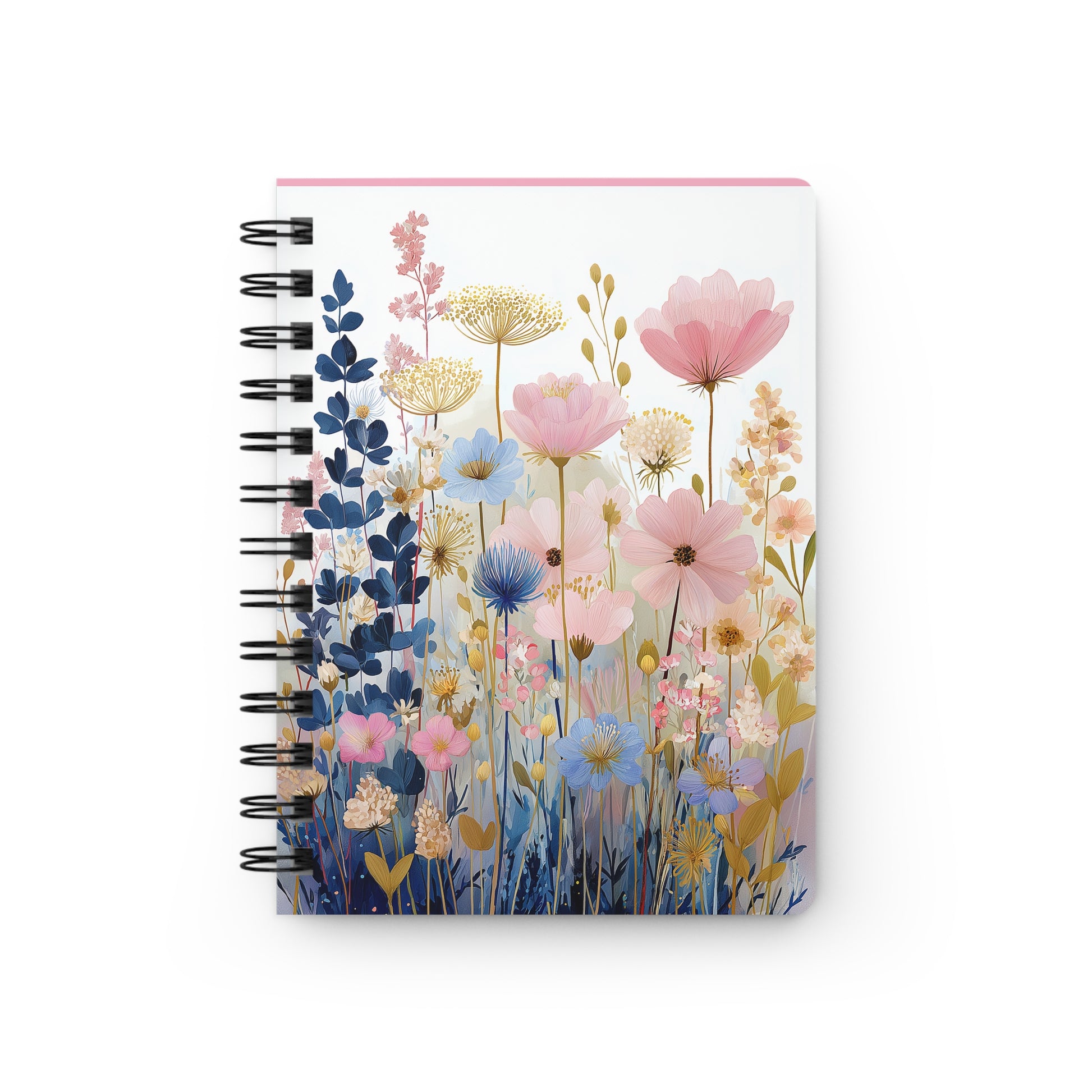 SPIRAL JOURNAL, DURABLE GLOSSY COVER, RULED, 5X7, PASTEL FIELD featuring a meadow of soft pink, blue, gold, and cream wildflowers on a white background, wire-bound for flat laying or easy page removal.