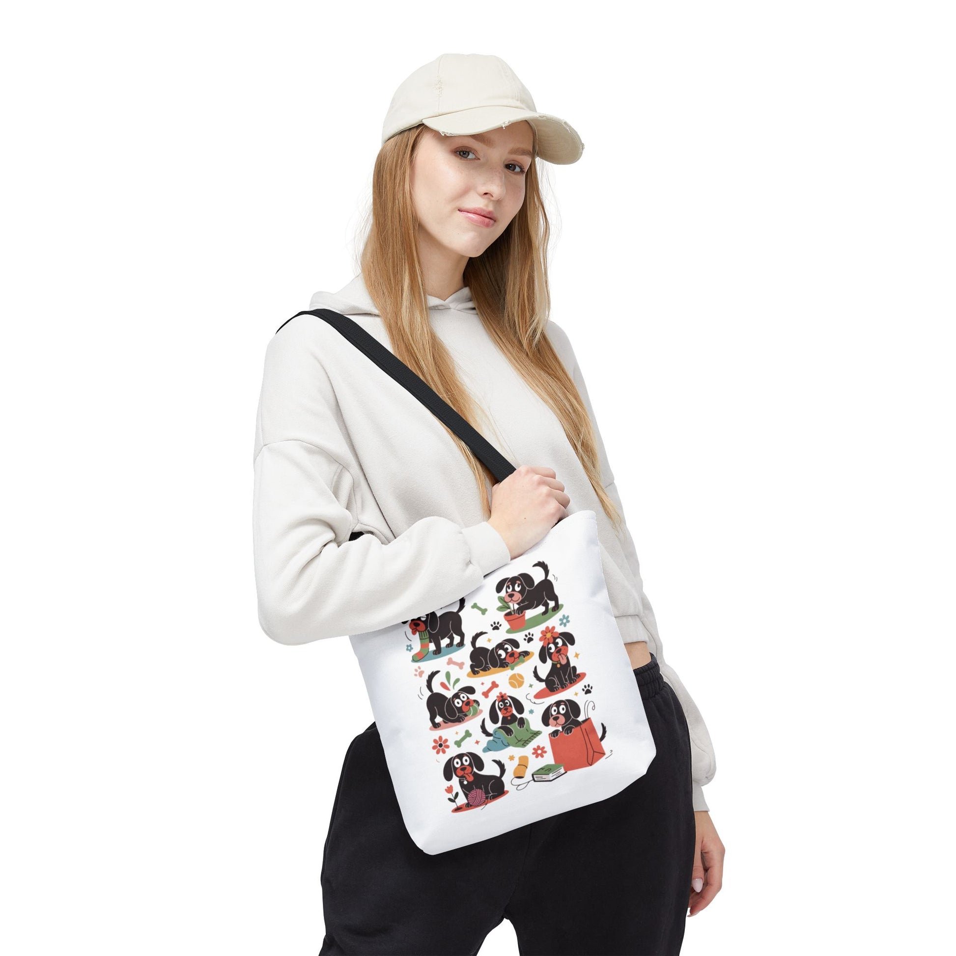 Dog Tote Bag - Playful Cartoon Illustration Design featuring whimsical, hand-drawn dogs with everyday objects, perfect for a fun, reusable shopping accessory or a unique gift for dog lovers.