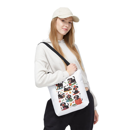 Dog Tote Bag - Playful Cartoon Illustration Design featuring whimsical, hand-drawn dogs with everyday objects, perfect for a fun, reusable shopping accessory or a unique gift for dog lovers.