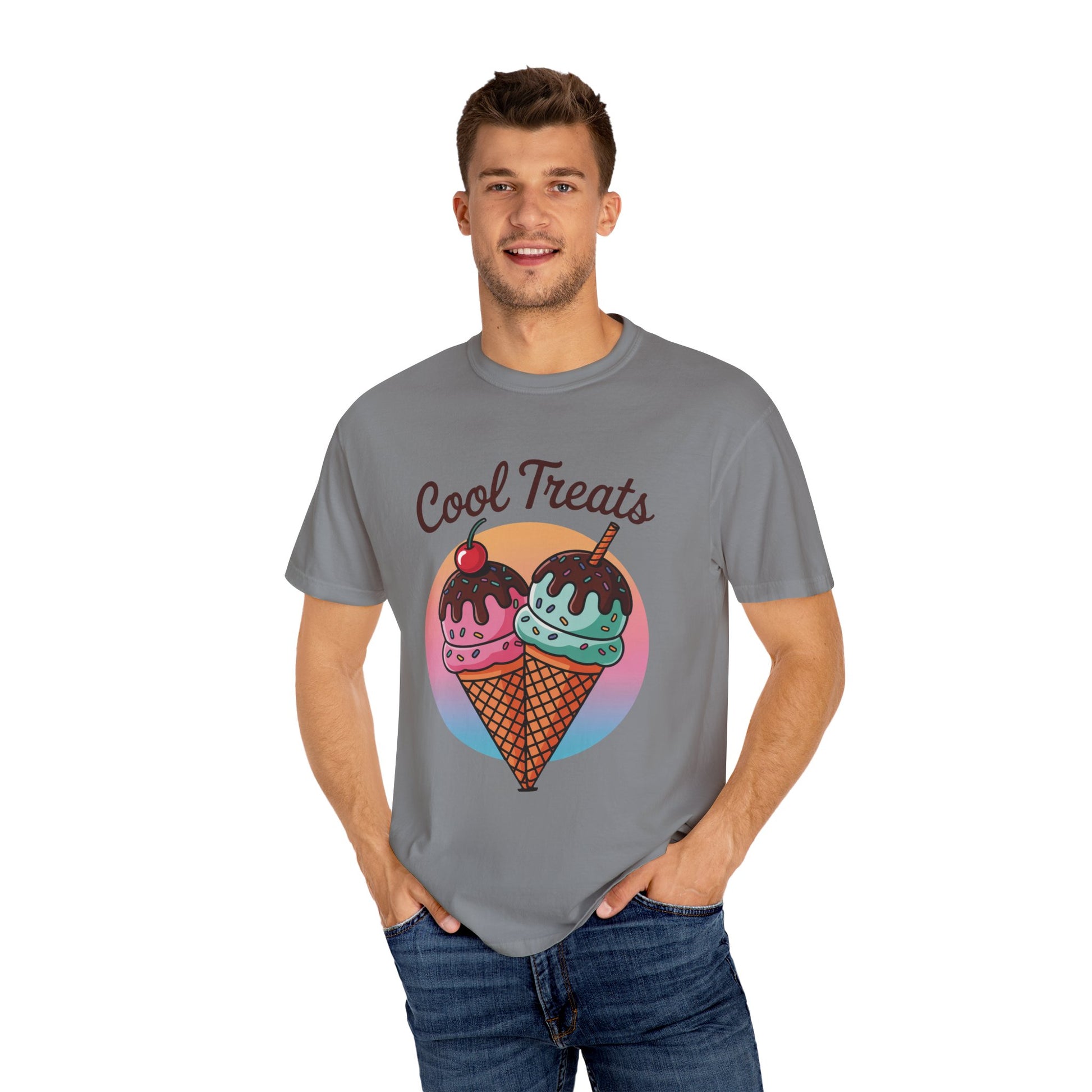 Ice Cream Cool Treats Comfort Colors Unisex T-Shirt features playful ice cream cone graphics, modeled by a man with hands in pockets, capturing a fun, summery vibe for casual wear.
