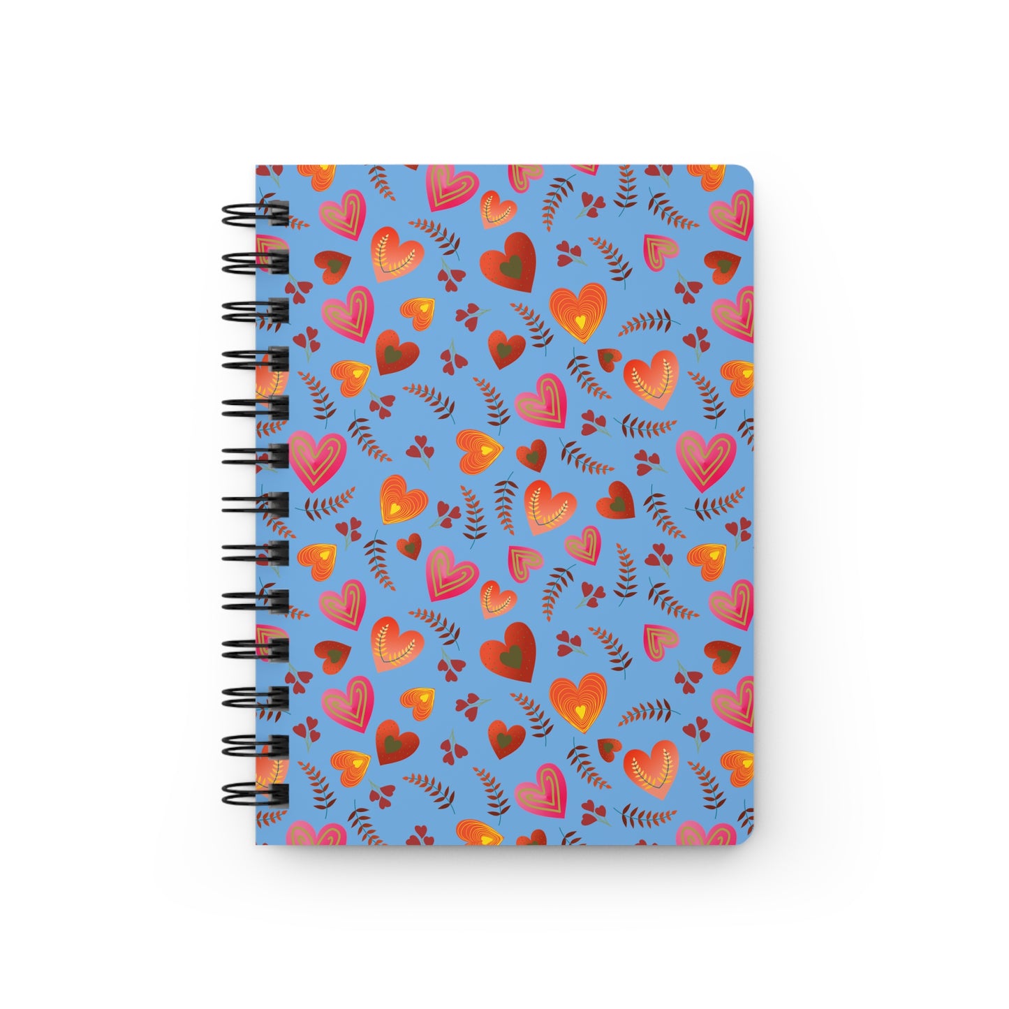 SPIRAL JOURNAL, DURABLE GLOSSY COVER, RULED, 5X7 featuring a heart-and-foliage pattern. Includes a removable spiral, 150 lined pages, and a vibrant, glossy laminated finish for durability.